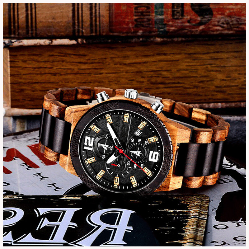 Męskie sportowe drewniane kwarcowe zegarki na rękę, wielofunkcyjny świecący wodoodporny wyświetlacz zegarek z kalendarzem, najlepsza prezent świąteczny, bransoletka