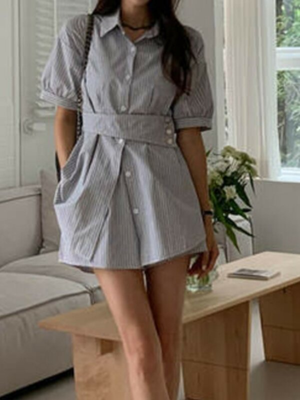 Two 2 PIece Sets Summer Striped Waisted Shirt Women Loose Wide Leg Short Pants  Korean Cotton Casual Woman Suit