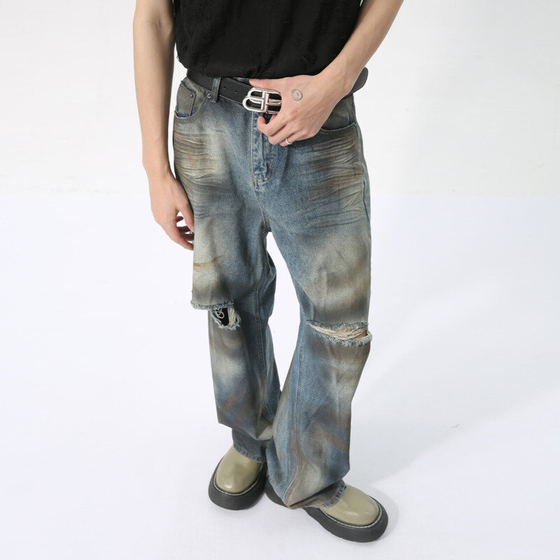 NOYMEI styl Vintage główna ulica 2024, letnie nowe męskie dżinsy z dziurami proste dżinsy luźne modne spodnie typu tie-dye spodnie WA4401