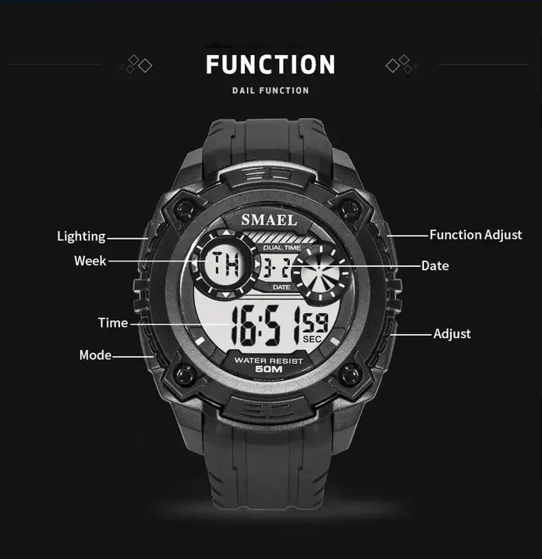 Smael-男性用防水LEDデジタル時計、バックライト付き、カジュアル電子機器腕時計、スポーツクロノグラフ、衝撃時計、ファッション