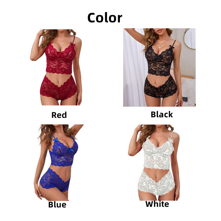 Women Erotic Lingerie Sexy Perspective Lace Spaghetti Straps Adjustment Bra Tops Lace Panties Suit Breathable Underwear Outfit