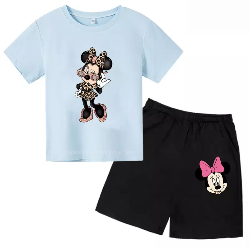 2024 Set T-Shirt lengan pendek Mickey trendi untuk anak-anak-pakaian kasual musim panas gambar cetak Disney lucu untuk anak laki-laki dan perempuan
