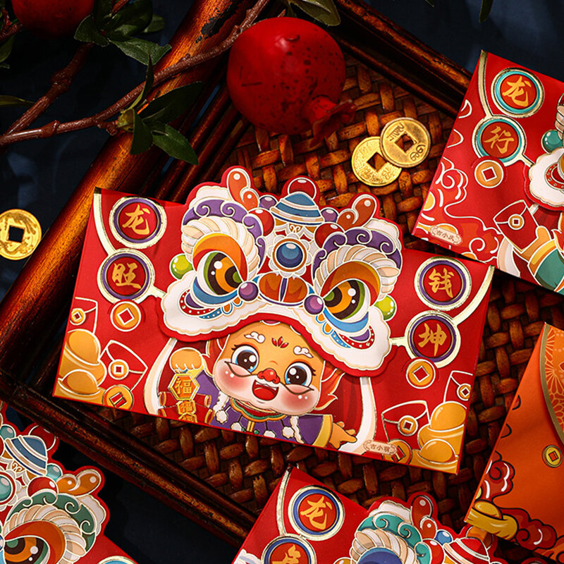 Envelopes vermelhos do ano novo chinês, dragão, festival da primavera, bolsos de dinheiro, pacotes sortudos do casamento, festival da primavera, desenhos animados, 4pcs, 2024