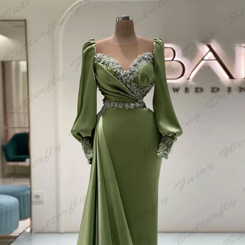 Gaun Prom manik-manik putri duyung yang menakjubkan gaun malam Sweetheart tipis jubah Satin kereta api Applique Lengan Panjang 2024