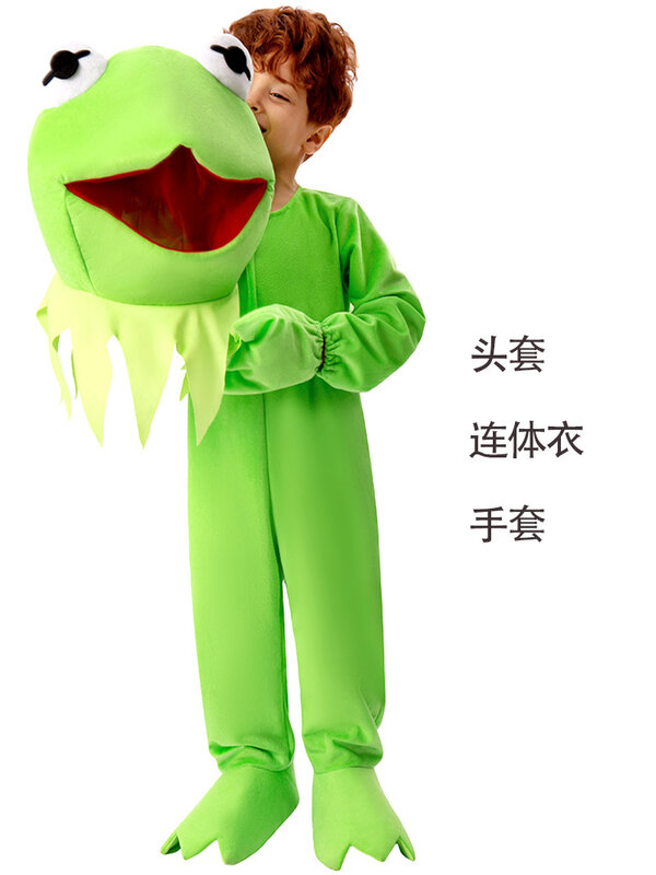 Kostum kodok bermain peran hewan, Jumpsuit Mint lucu untuk Halloween anak dengan kepala