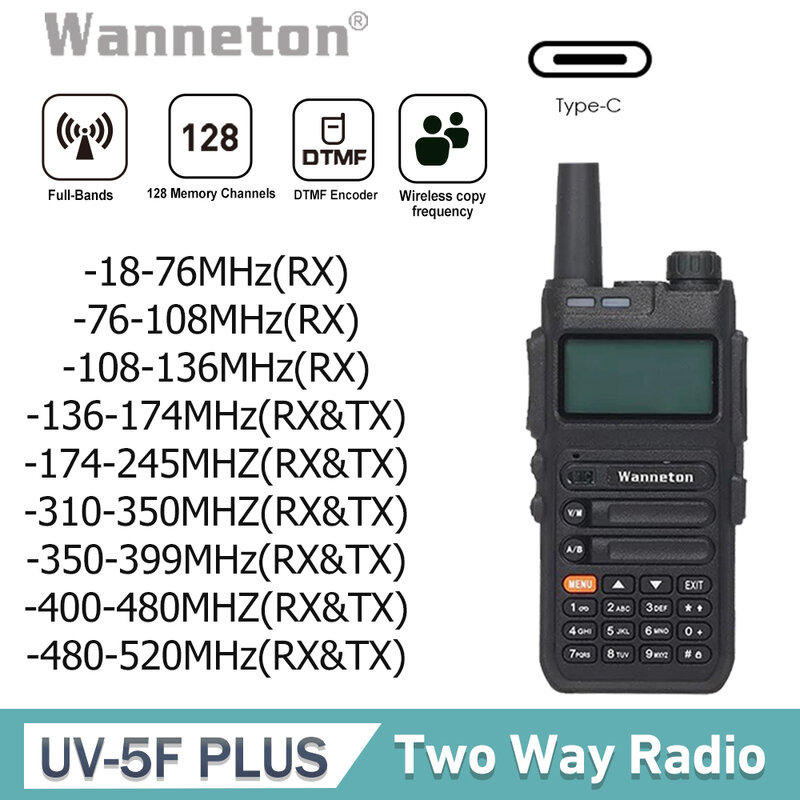 Wandton Full Band Walkie Talkie, Função Copiar Freqüência, Tpye-C Carregador, Rádio em dois sentidos, 5W, 18-520MHz, UV-5FPLUS
