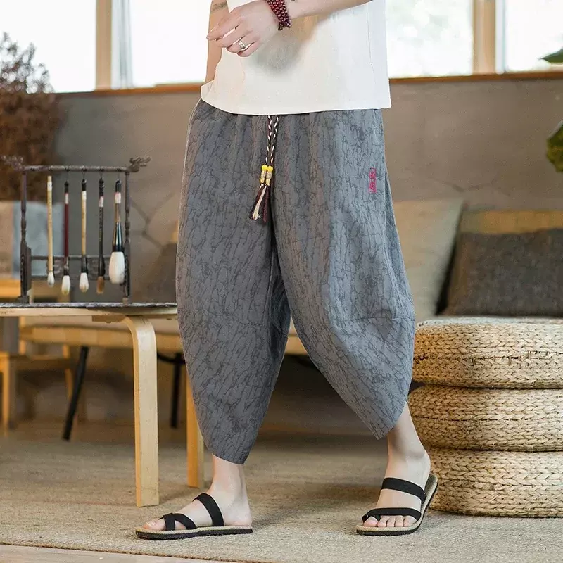 Pantalones cortos de estilo Kimono japonés para hombre, ropa asiática de baño, holgados e informales, de lino Yukata, de pierna ancha