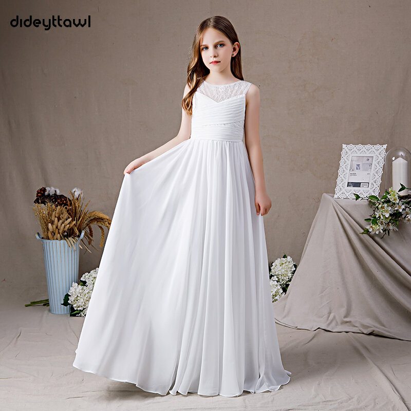 Dideyttawl Lace Pleated Chiffon Dress For Girl Sleeveless First Communion Gown A Line Floor Length Junior Bridesmaid