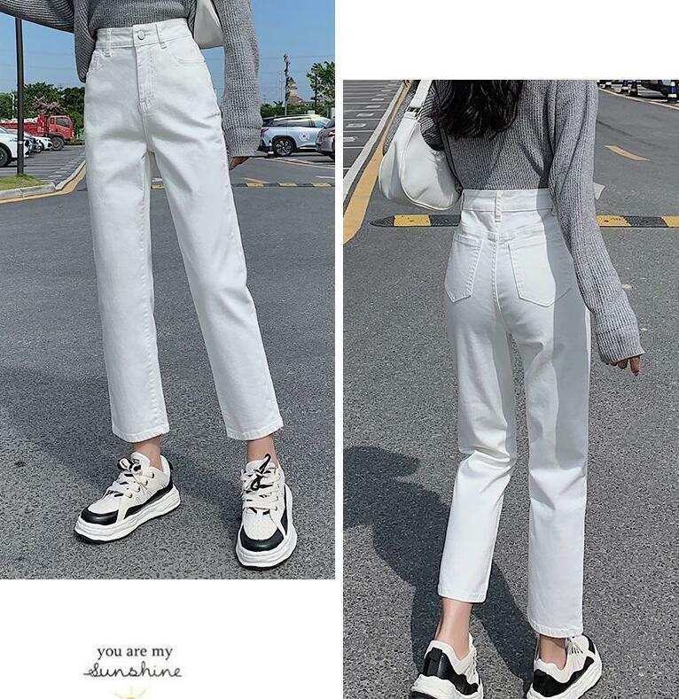 กางเกงเอวสูงขากว้างกางเกงยีนส์หลวมตรงกางเกงขายาวเซ็กซี่สีขาว2024ของมาใหม่ใหม่