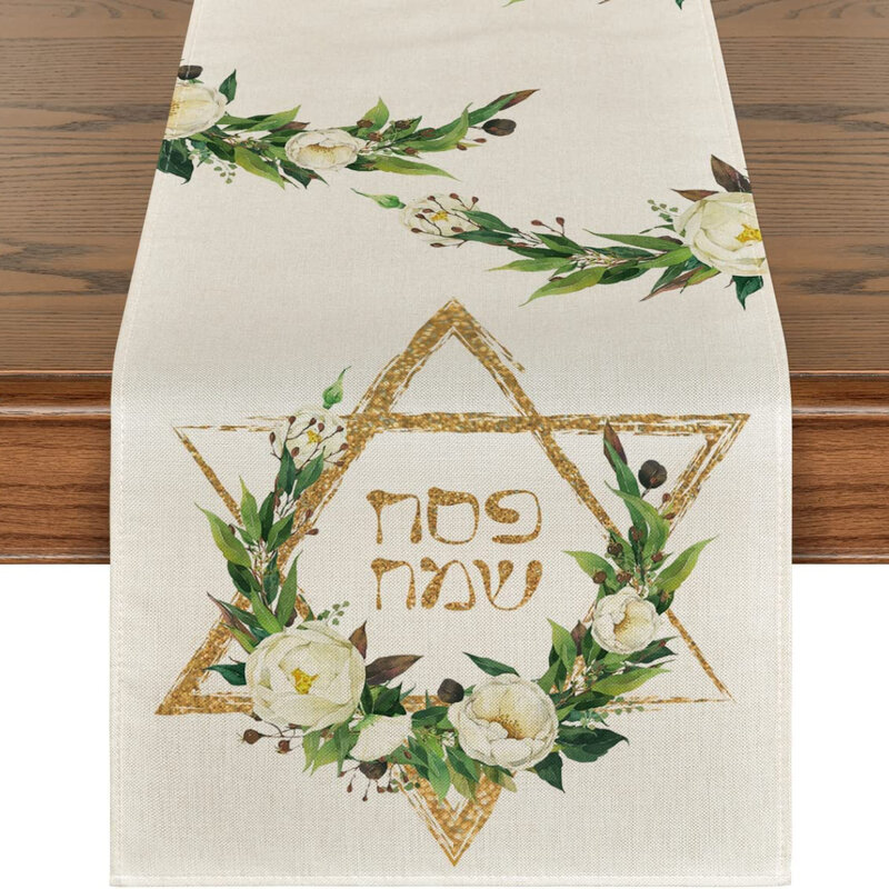 Hexagramm Blumen Passover Leinen Tisch Läufer Jüdische Frühling Urlaub Küche Esstisch Runner Dekoration für Home Party Decor