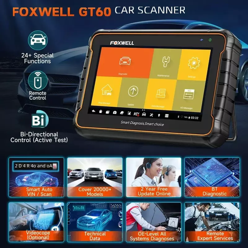 Foxwell 블루투스 자동차 진단 도구, 전문가용 모든 시스템 오일 리셋 A/F 조정, 24 리셋 OBD 2 자동차 스캐너, GT60 OBD2