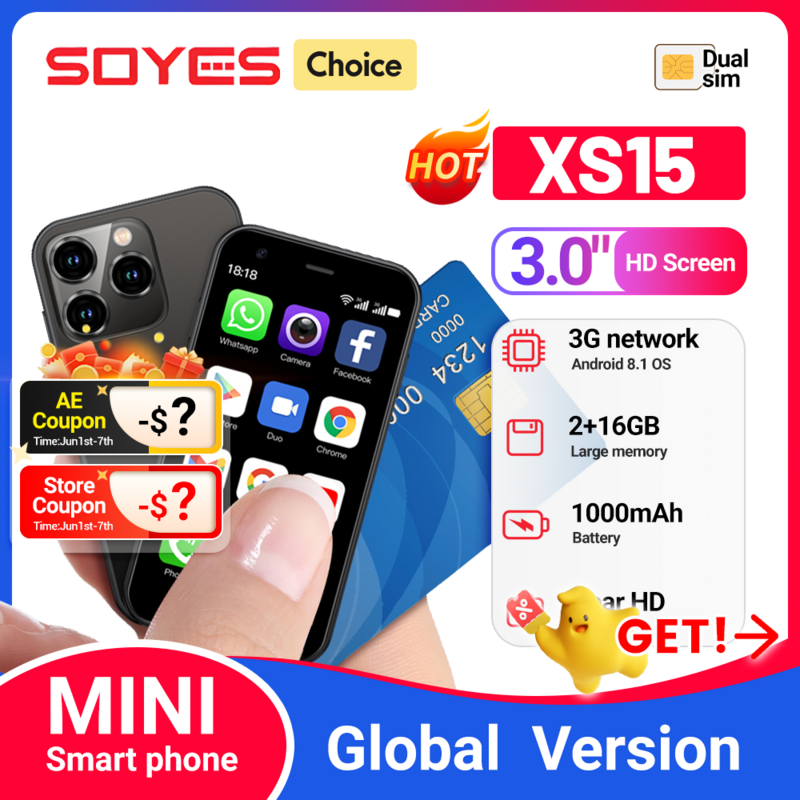 SOYES XS15 Mini Android8.1 Smart Phone Display da 3.0 pollici 2GB RAM 16GB ROM Dual SIM Standby Play Store 3G Little Phone