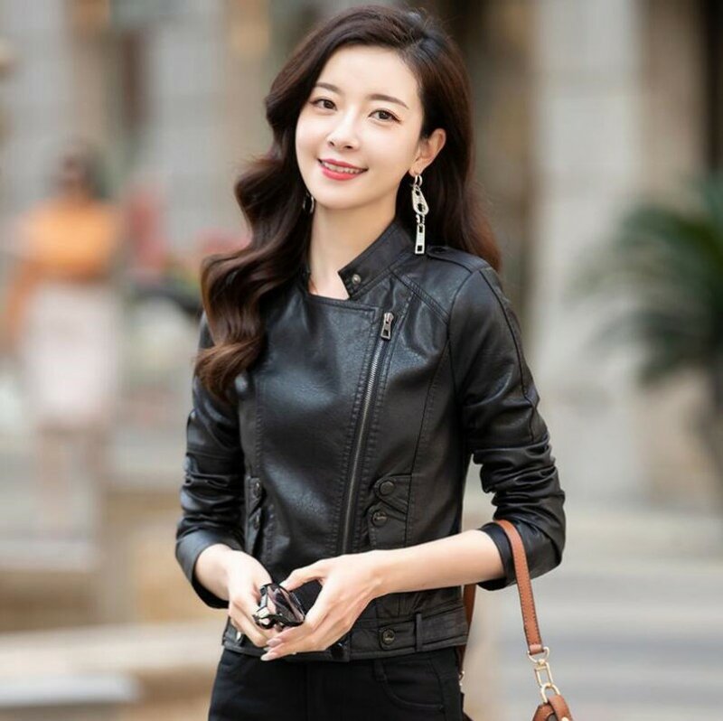 New Women Genuine Leather Jacket Autumn Winter Fashion Moto&Biker Style Outerwear Stand Collar Short Sheepskin Coat