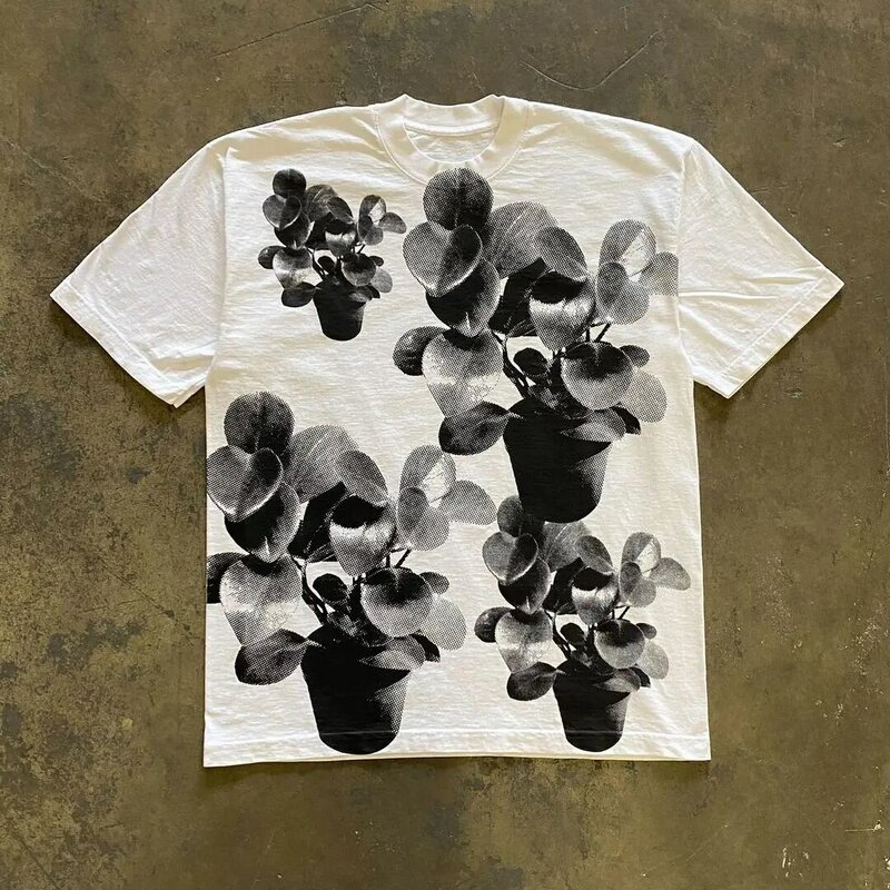 Camiseta com estampa floral vintage feminina, camiseta solta na moda rua, tops diários casuais de alta qualidade, Y2K, verão