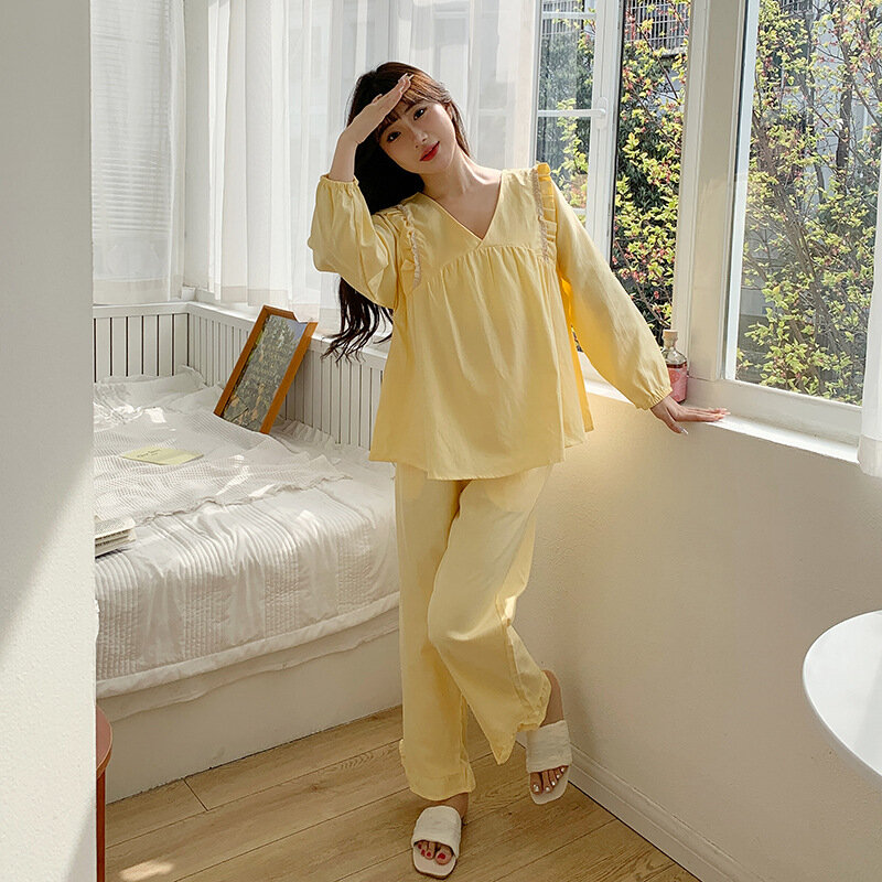 Pijama de manga comprida de cor sólida feminina, conjunto para roupas domésticas, pode ser vestido externamente com algodão puro, primavera, versão coreana, novo