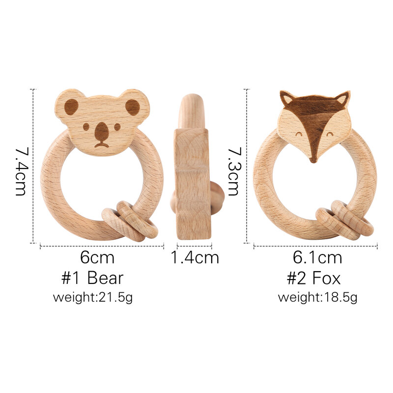 Wooden Toy Rattle Montessori Educational Toys Early Beech Animal Bear Hand Teething Wooden Ring Baby Rattles for Newborn Baby