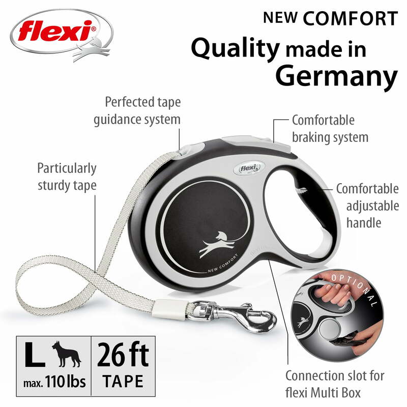 Flexi New Comfort Large Tape Retractable Dog Leash, 26 ft, Grey (For Dogs up to 110 lbs)