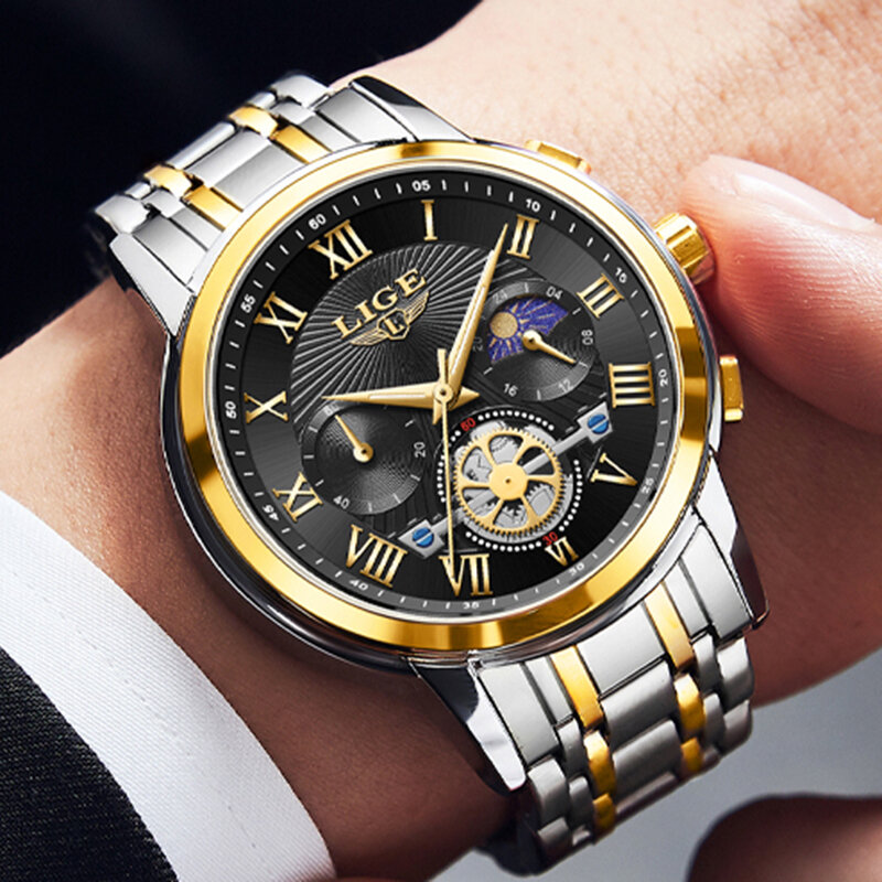 LIGE-Montre-bracelet à quartz en acier inoxydable pour homme, étanche, marque supérieure, luxe, nouvelle mode