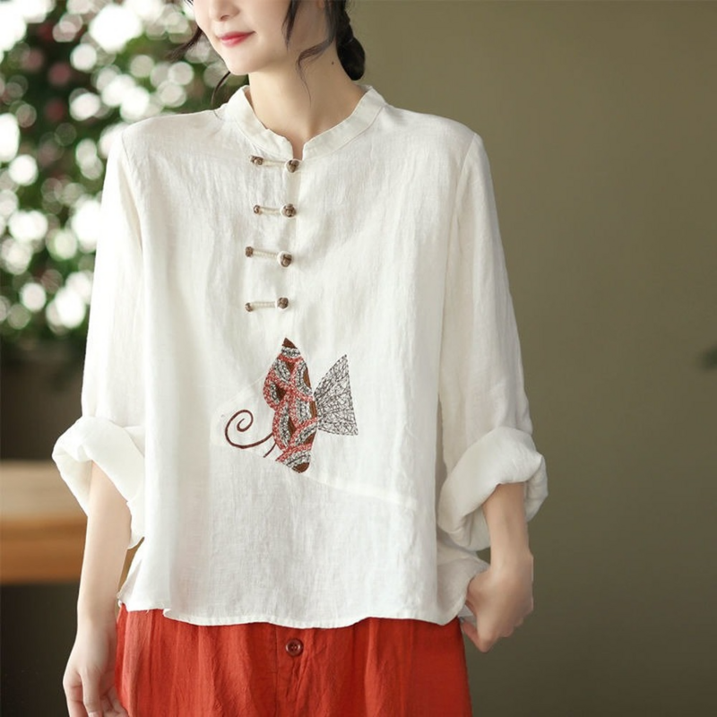 Camisa de estilo chino para mujer, ropa tradicional de talla grande 3XL, Tops Bordados de lino, blusa Hanfu holgada Retro para mujer, 2023