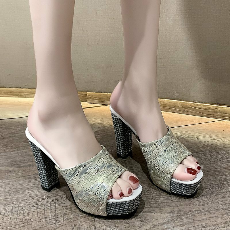 Шлепанцы на высоком каблуке женские модные новые летние модные шлепанцы на толстом каблуке с открытым носком в Корейском стиле