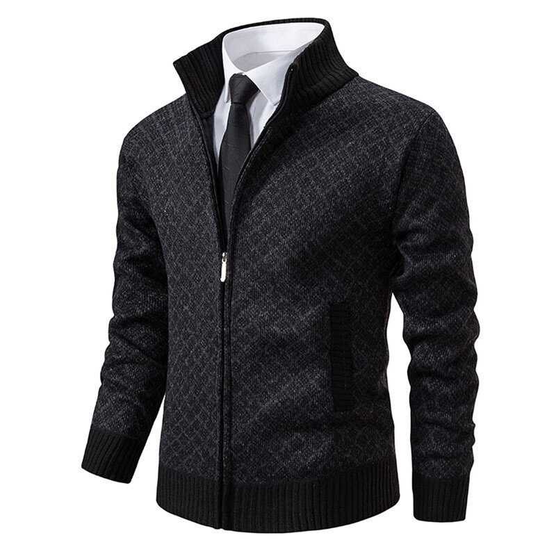 Cardigan masculino de malha de lã, malha quente de inverno, suéter slim fit, gola alta, casaco monocromático, moda casual