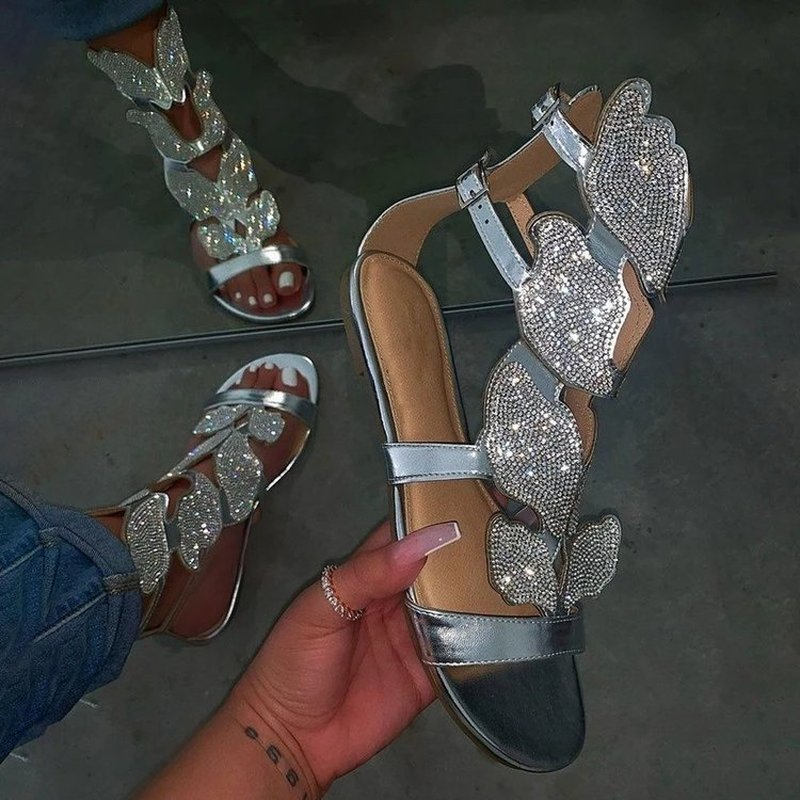 Sandales gladiateur papillon en cristal pour femmes, chaussures confortables, Parker ouvert, grande taille, mode estivale, 2023