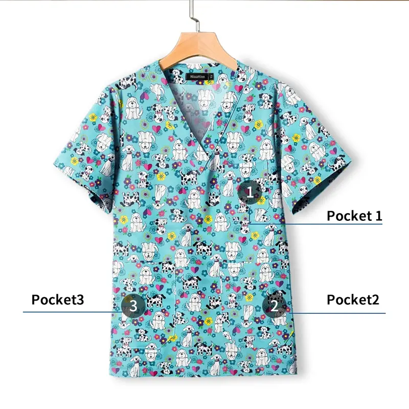 반팔 간호사 티셔츠, 병원 패션 프린트 스크럽 탑, 여성 남성 실험실 코트, 청소 방진 의류, 도매