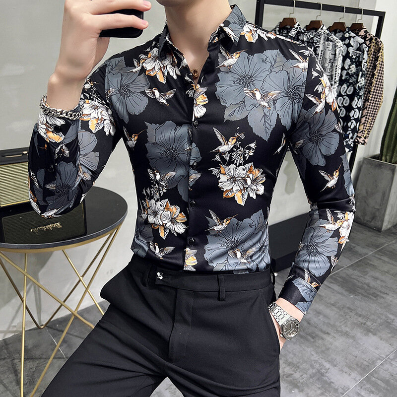 6xl Frühling neue Männer Vintage Social Flower Shirt Slim Fit Langarmhemd Herren Luxus Freizeit hemden Mann Chemise Homme