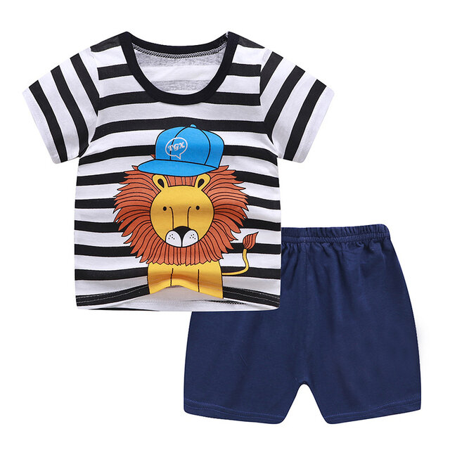 Setelan baju balita laki-laki & amp; Perempuan, pakaian anak perempuan, kaus lengan pendek motif singa + celana pendek, Set pakaian bayi laki-laki & amp; Perempuan