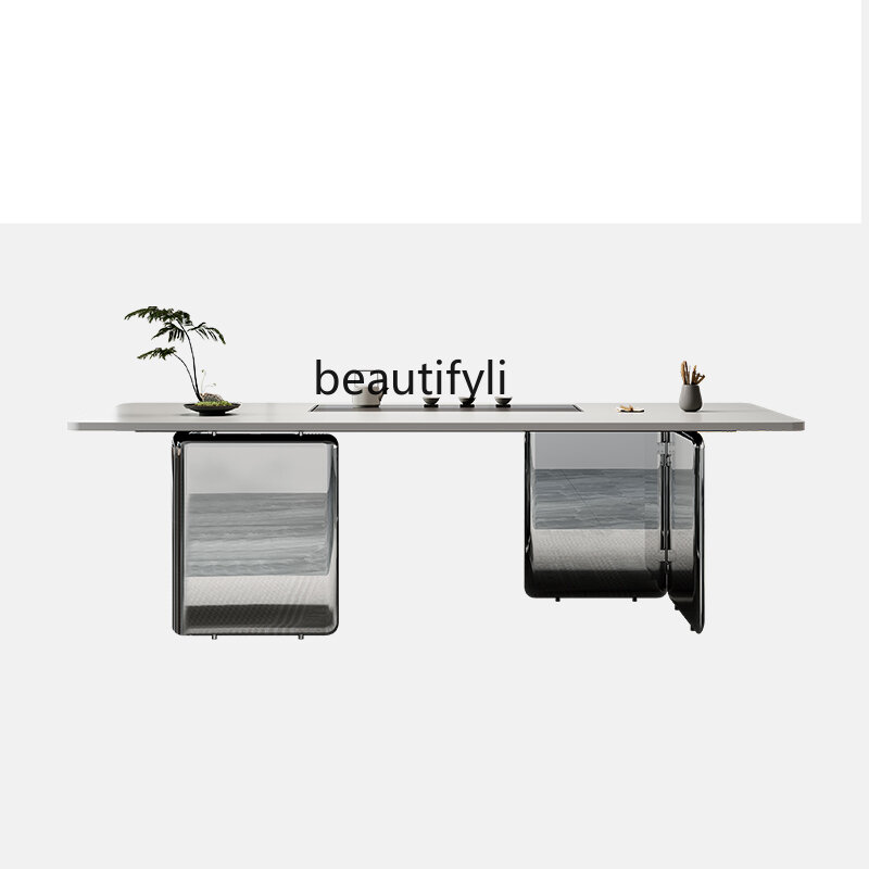 Mesa de té con placa de piedra de lujo ligera, mesa de té moderna minimalista para oficina, hervidor de cerveza integrado