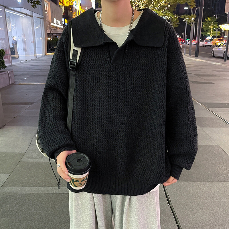 Suéteres informales de manga larga para hombre, ropa de calle de moda, con solapa de punto sólido