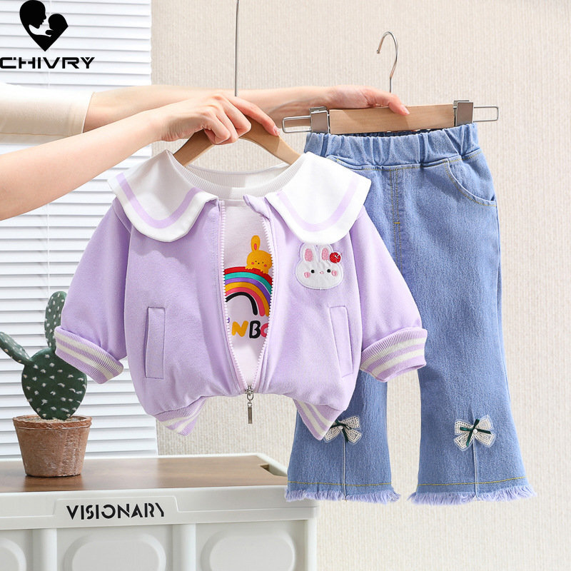 Модный комплект одежды из трех предметов для девочек, весеннее пальто с радужным отворотом кролика для маленьких девочек 2023, джинсовая повседневная одежда для детей
