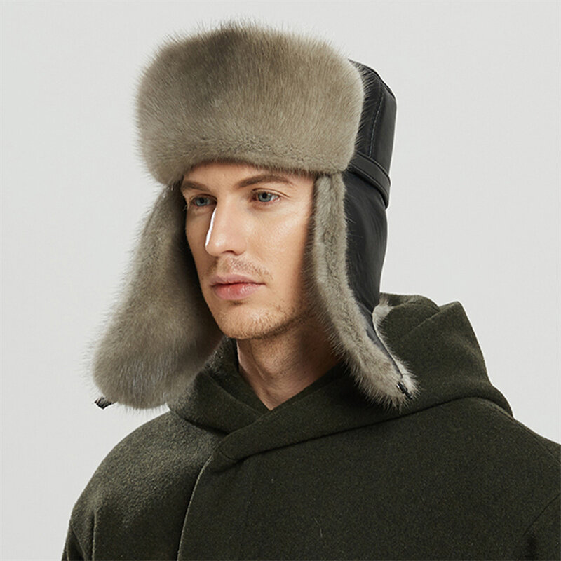 2022 nova cor natural chapéu de pele estilo siberiano chapéu de pele guaxinim completo ushanka chapéu de algodão para meia-idade boné lei feng hat