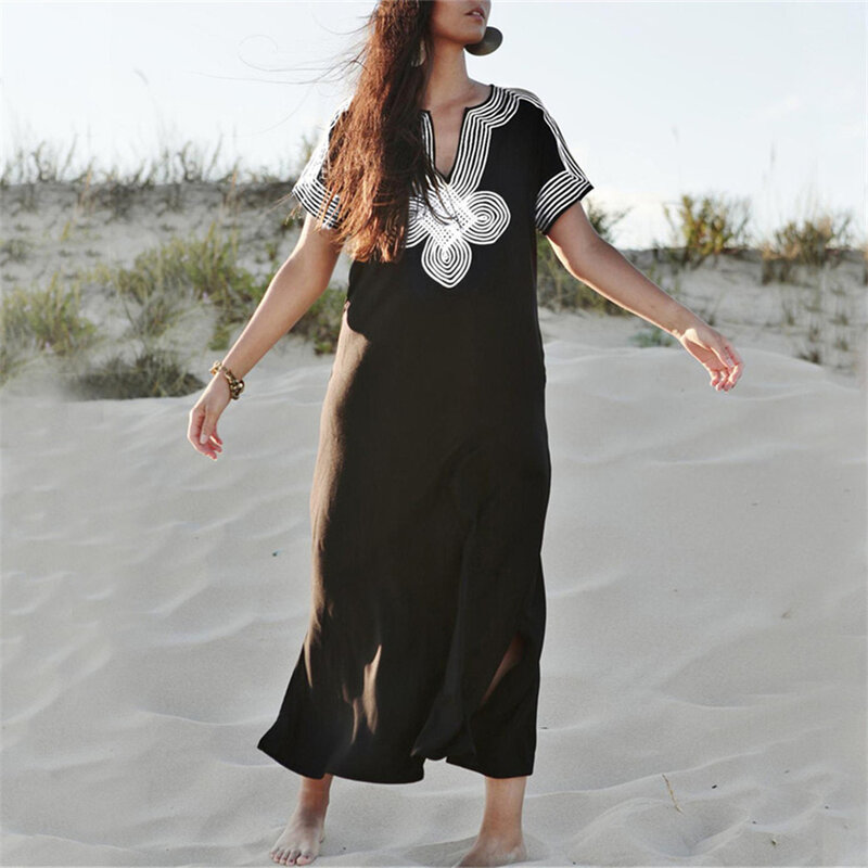 Kimono – Robe de plage noire brodée Vintage pour femmes, vêtements d'été, Cover-Up pour les costumes de bain, nouvelle collection 2022