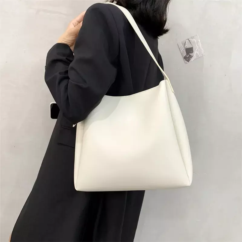 Quality Women Tote Bags  Large Capacity Shopper Shoulder Bag Pure Color Wide Strap Soft PU Leather Female Handbags 2022