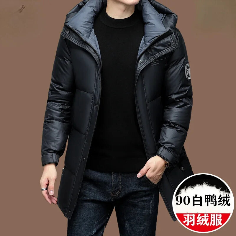 하이 퀄리티 중간 길이 후드 남성용 90% 화이트 덕 다운 재킷, 두꺼운 따뜻한 남성 재킷, 겨울