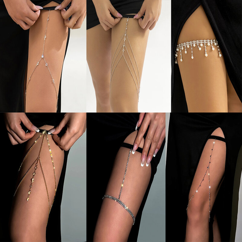 IngeSight.Z البوهيمي كريستال مطاطا الساق الفخذ سلسلة للنساء مثير متعدد الطبقات شرابة حجر الراين تسخير قابل للتعديل الجسم مجوهرات
