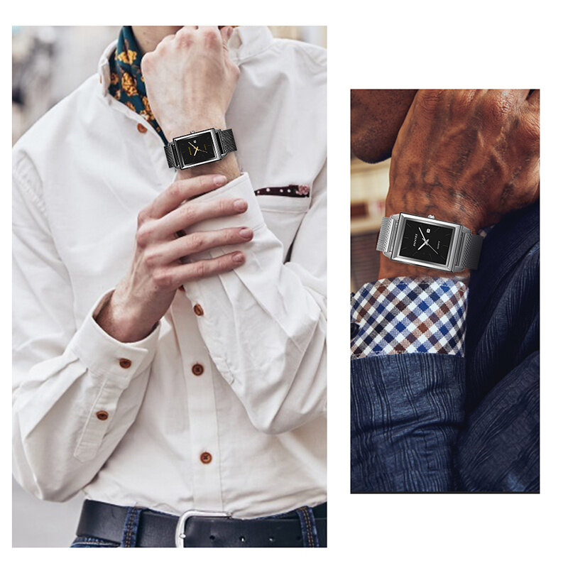 2023 moda męska zegarki dla mężczyzn prostokąt ze stali nierdzewnej pasek z siatki Wrist Watch Quartz człowiek zegarek skórzany w stylu Casual reloj hombre