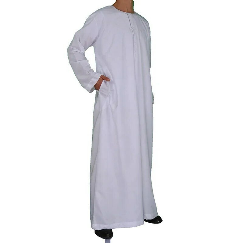 Moda musulmana uomo Jubba Thobe manica lunga colore bianco girocollo arabo islamico caftano uomo Abaya abbigliamento islamico