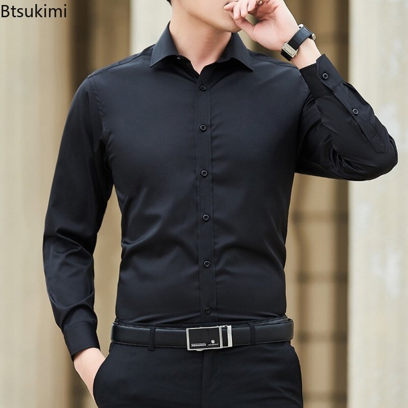 Camisa de vestir de manga larga para hombre, blusa Formal ajustada clásica de negocios, color liso, a la moda, talla grande 5XL, 2024