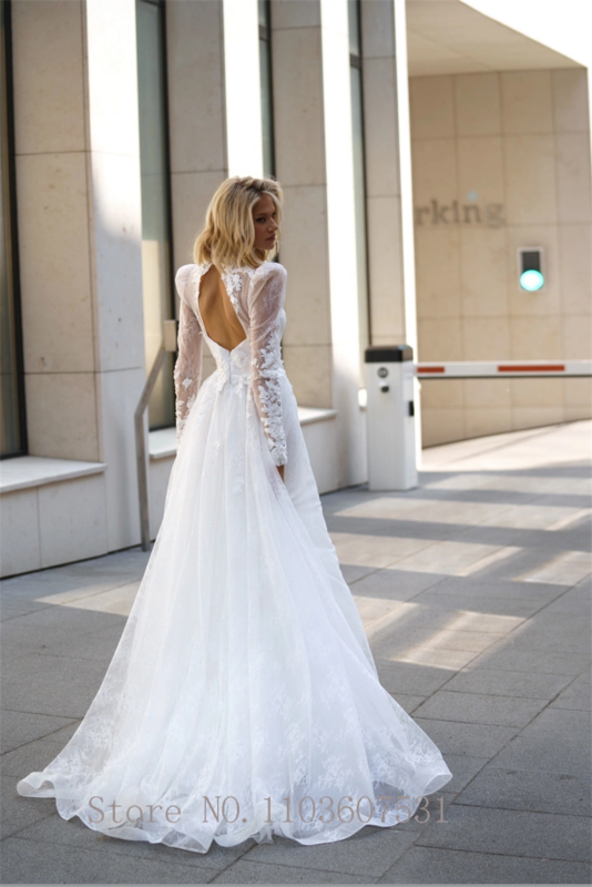 Gaun pernikahan renda Applique leher tinggi sederhana untuk wanita Tulle A-line gaun pernikahan lengan ilusi panjang gaun pengantin robe de marifee