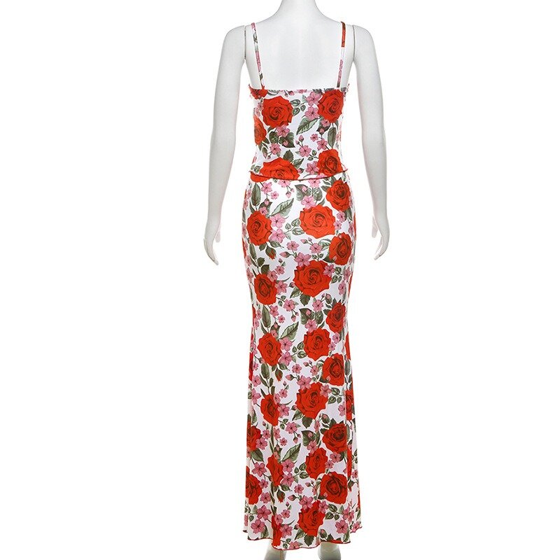 2024 Summer Flower Print Vintage Slim Elegant 2 Piece Set Women Spaghetti Strap Sleeveless Crop Top Long Skirt Streetwear Outfit