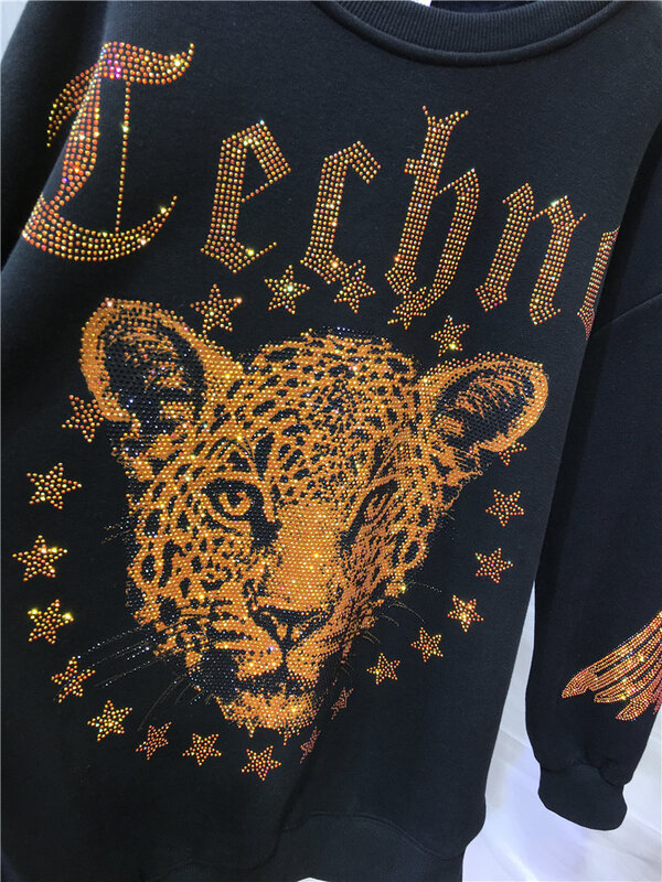 Leopard strass L-4XL Plus Size camicetta felpa di marca di lusso per donna uomo primavera autunno felpe da donna di grandi dimensioni