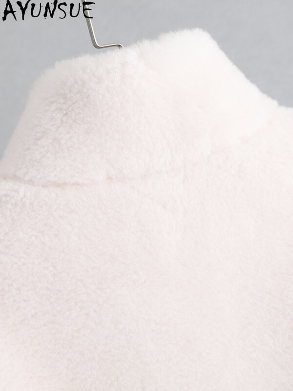 AYUNSUE-Casaco de pele longa elegante feminino, jaquetas de lã quente, gola em pé 100% tosquia de ovelha, inverno