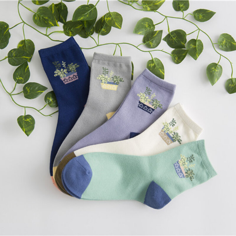 Calcetines de algodón de longitud media para mujer, versión coreana de estilo Sen, maceta de flores frescas, todo de algodón
