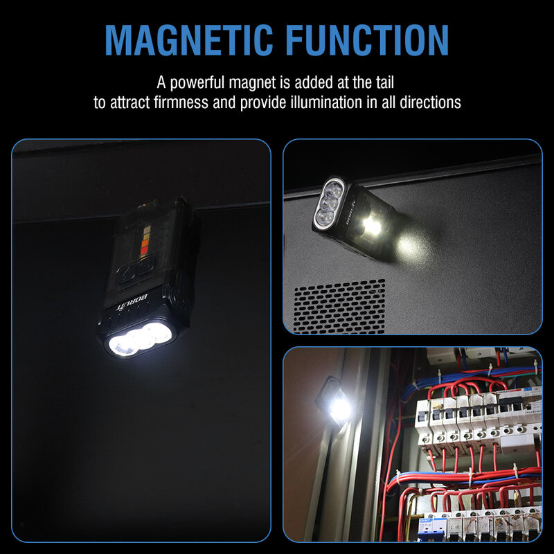 BORUiT lampu gantungan kunci V15 EDC, gantungan kunci senter portabel Mini tipe-c lampu kerja dapat diisi ulang dengan klip Magnet lentera saku darurat