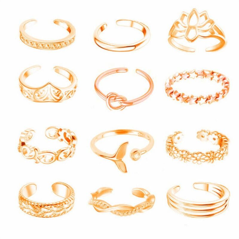 Set cincin jari kaki wanita, 12 buah Aloi Aksesori kaki pantai perhiasan mode