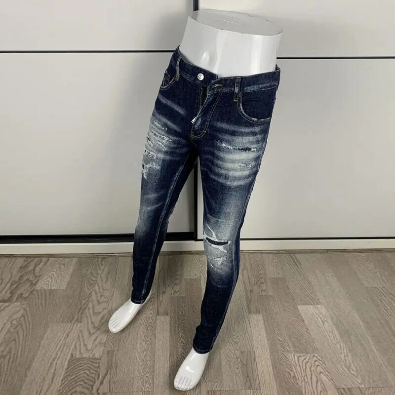 Джинсы мужские Стрейчевые темно-синие, модные рваные джинсы скинни в стиле ретро, с заплатками, дизайнерские брендовые штаны в стиле хип-хоп