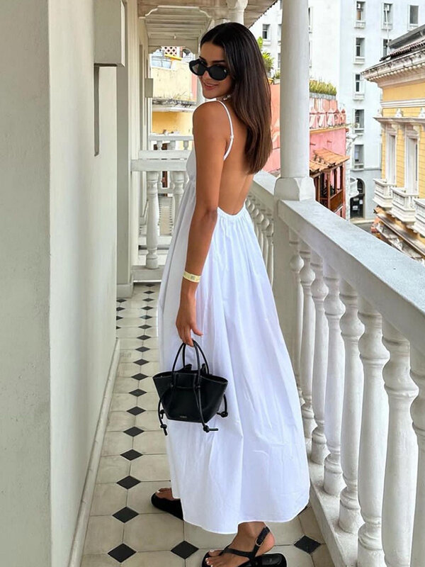 Gaun Midi punggung terbuka seksi tanpa lengan gaun leher V mode musim panas 2023 gaun pantai longgar kasual wanita liburan gaun panjang putih