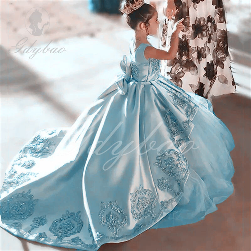 Детское платье с цветочным рисунком и бисером, длинное платье для девочек, платья на день рождения, со шнуровкой сзади, атласная одежда, наряд для торжественных мероприятий
